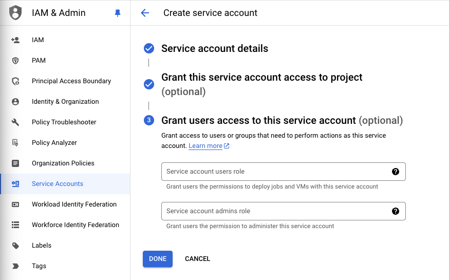 service account creation