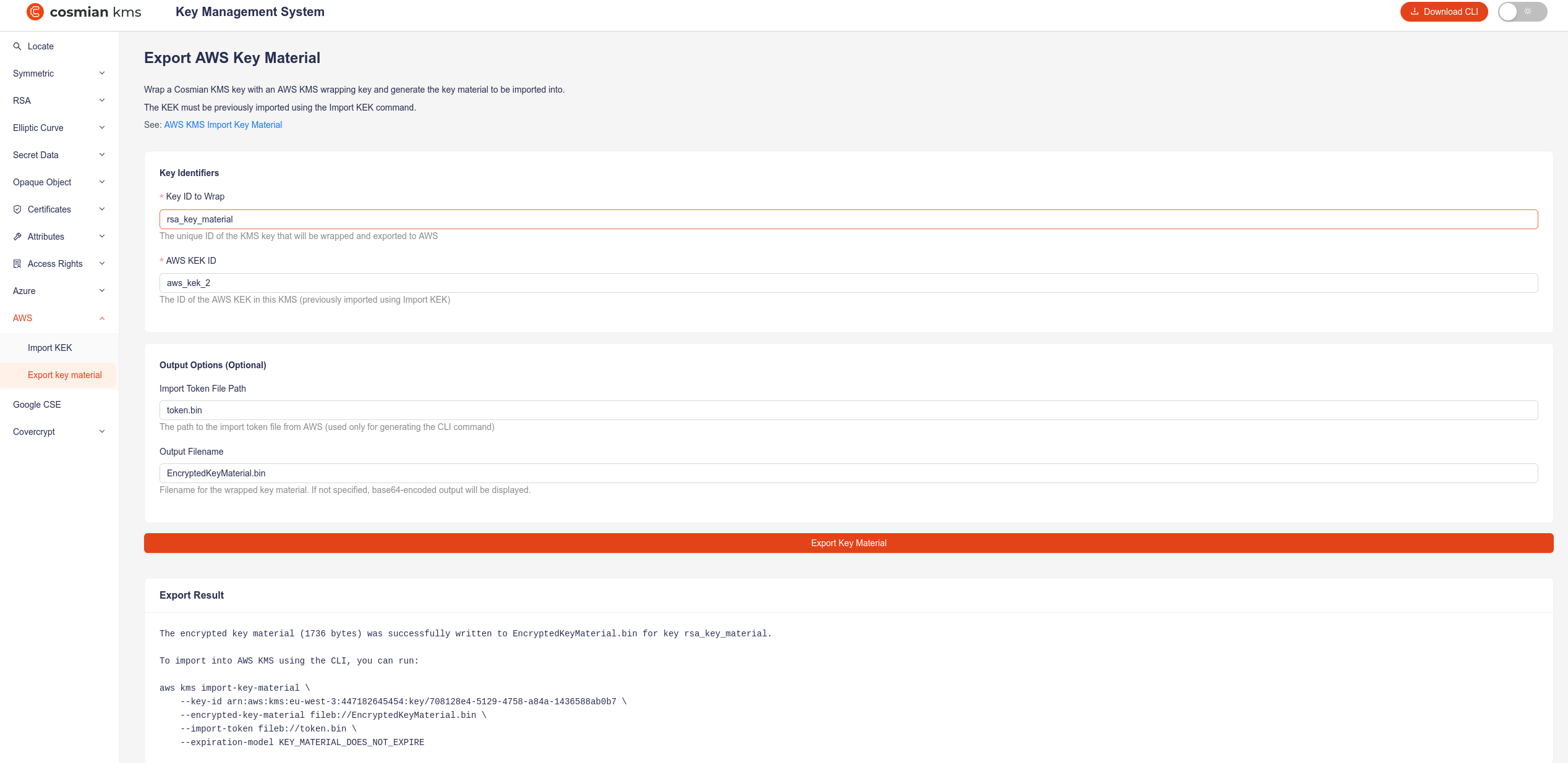 Export the wrapped key material from Cosmian KMS