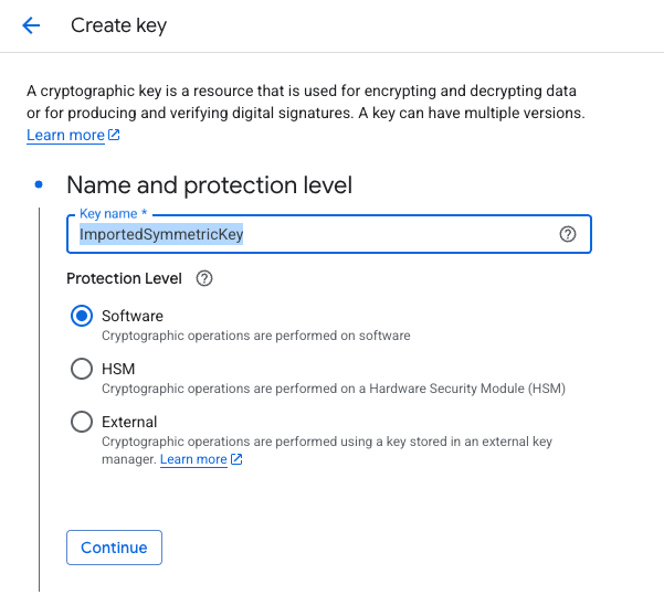 Create a key in an existing Cloud KMS key ring