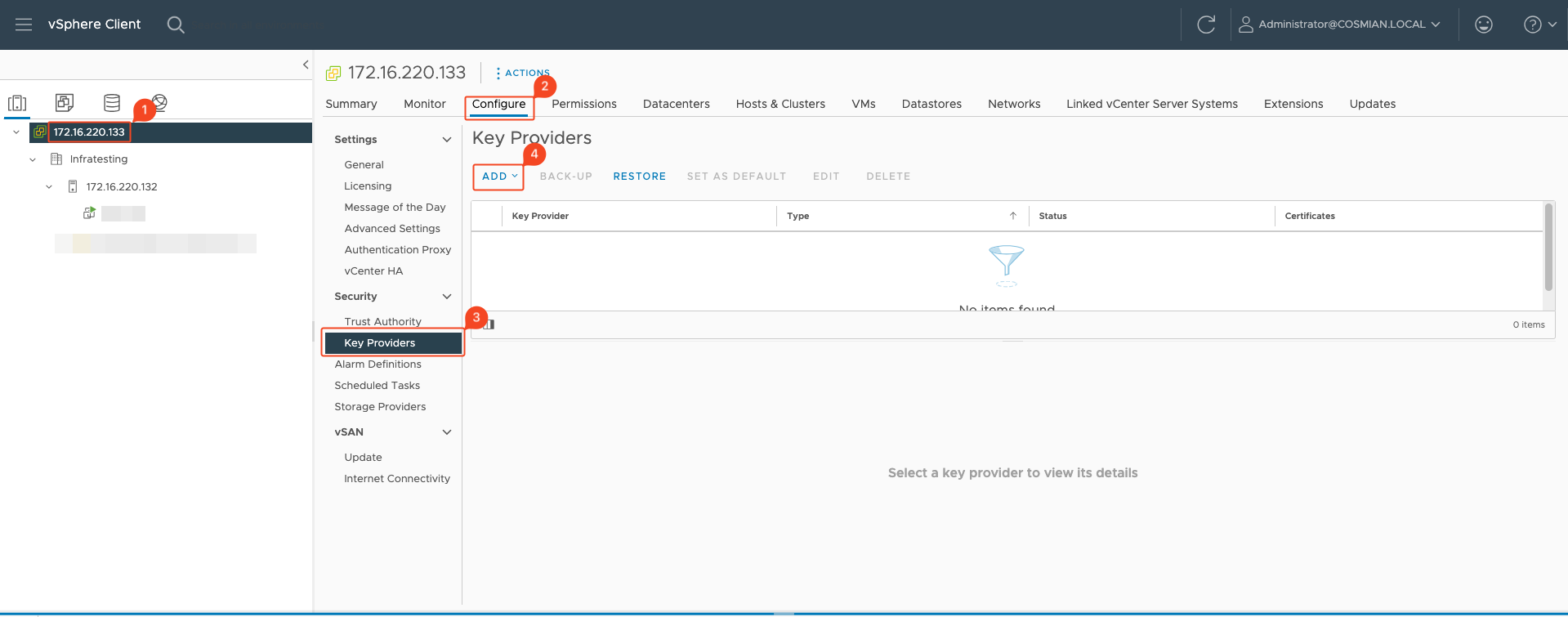 Step 1 – Go on vCenter configuration and set KMS